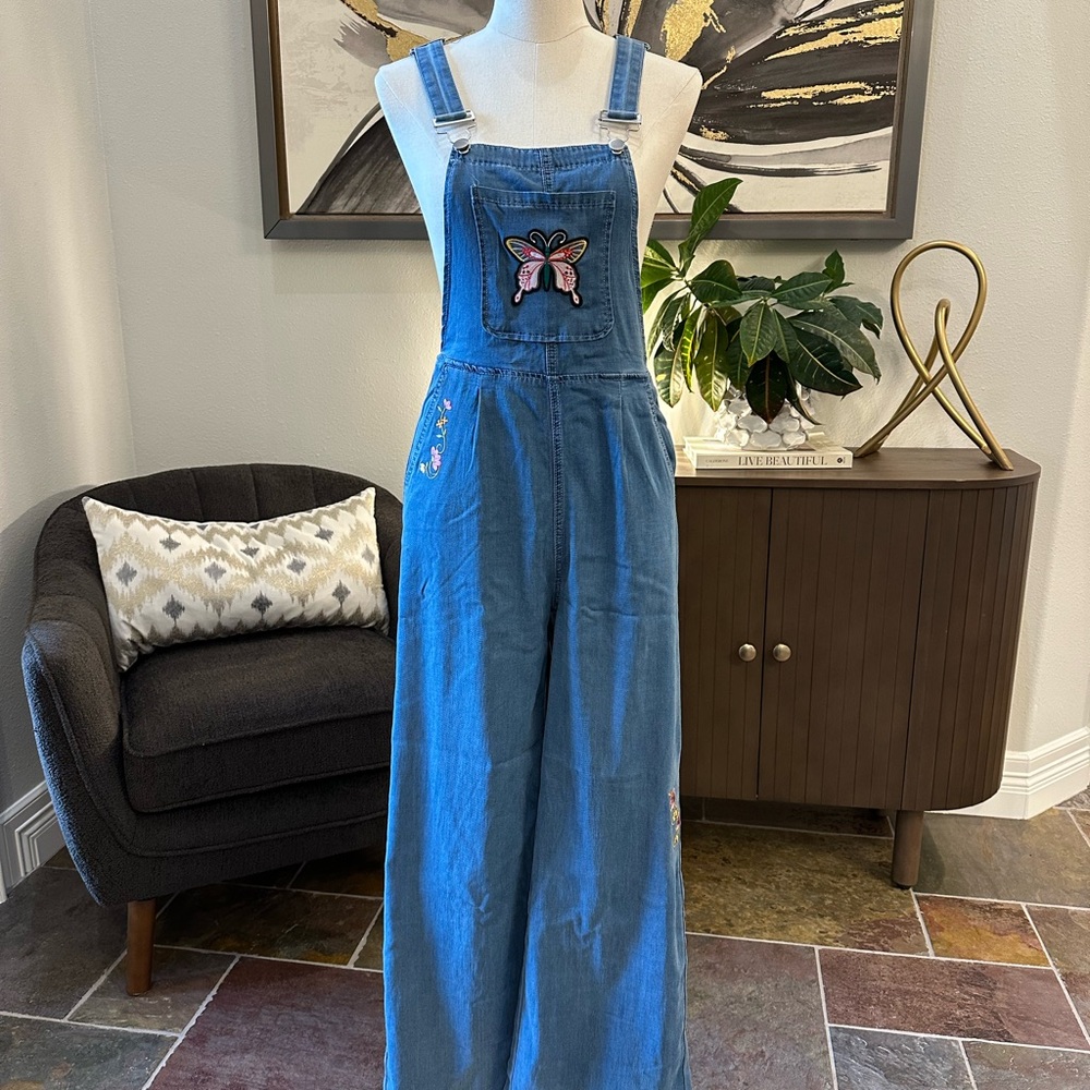 Denim Overalls with Butterfly Patch NWOT